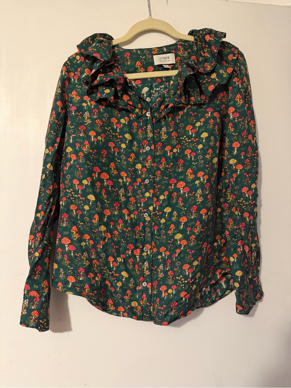 J Crew 100% Silk Whimsy Mushroom Green Blouse